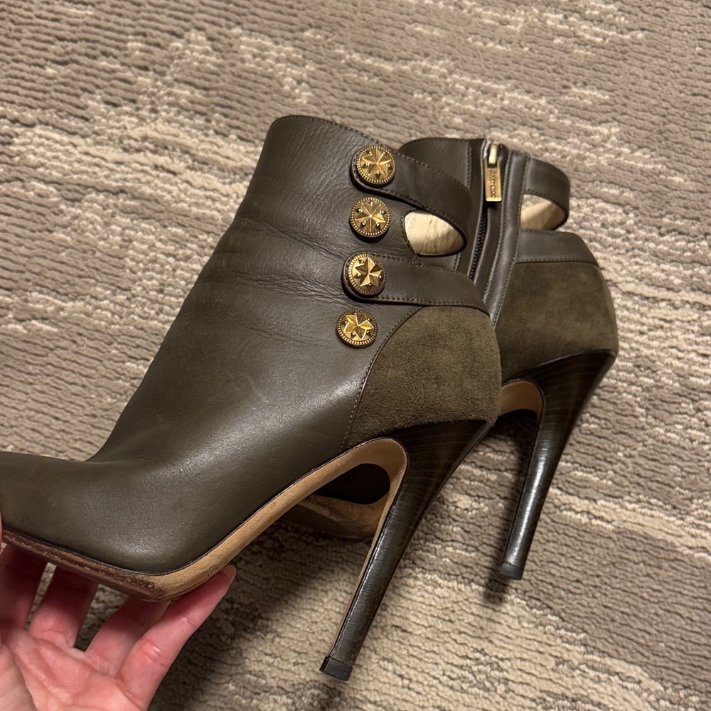Jimmy Choo Dark Olive Heeled Boots with Gold Buttons - Picture 5 of 8